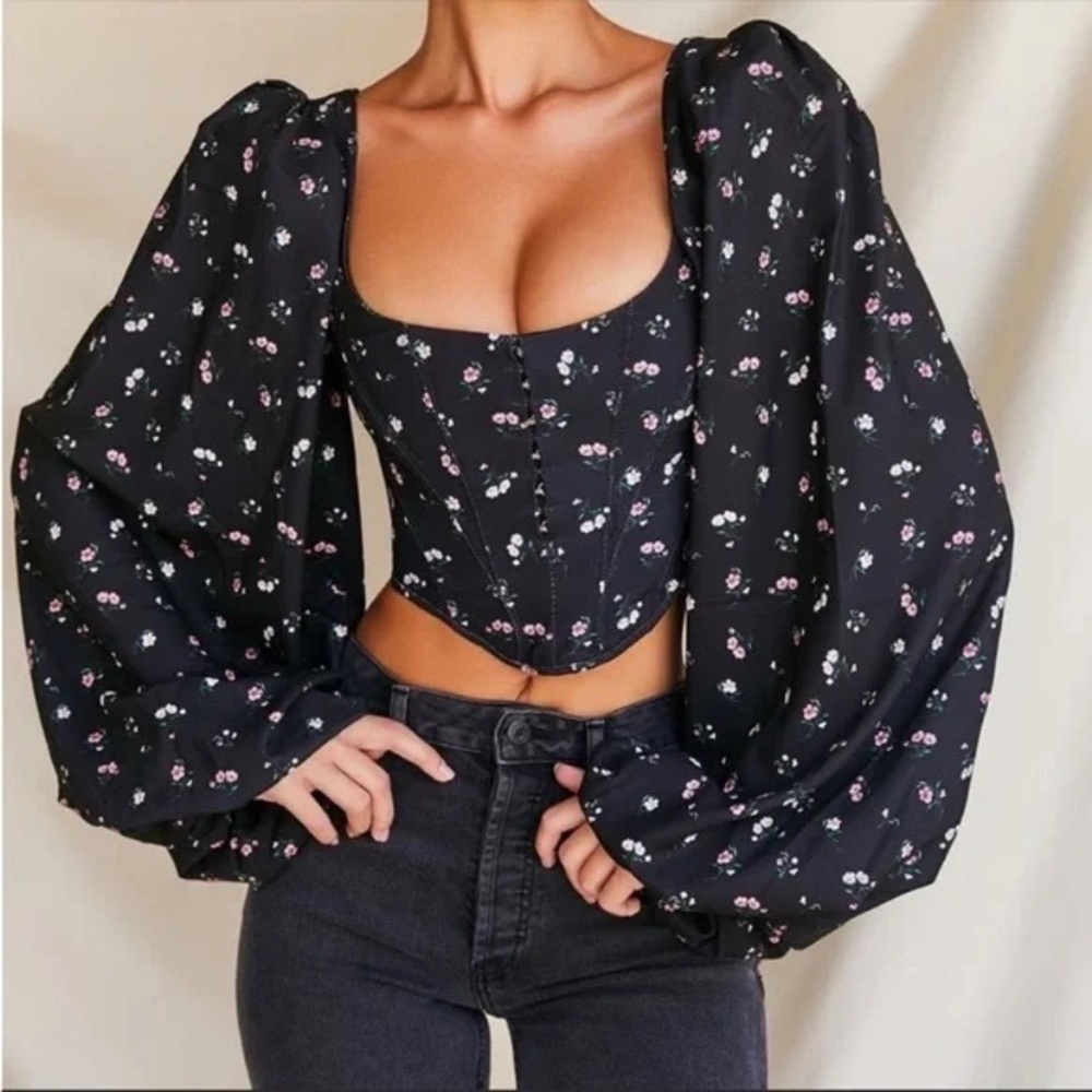 House of CB Jouca Corset Top - black with floral print size XS